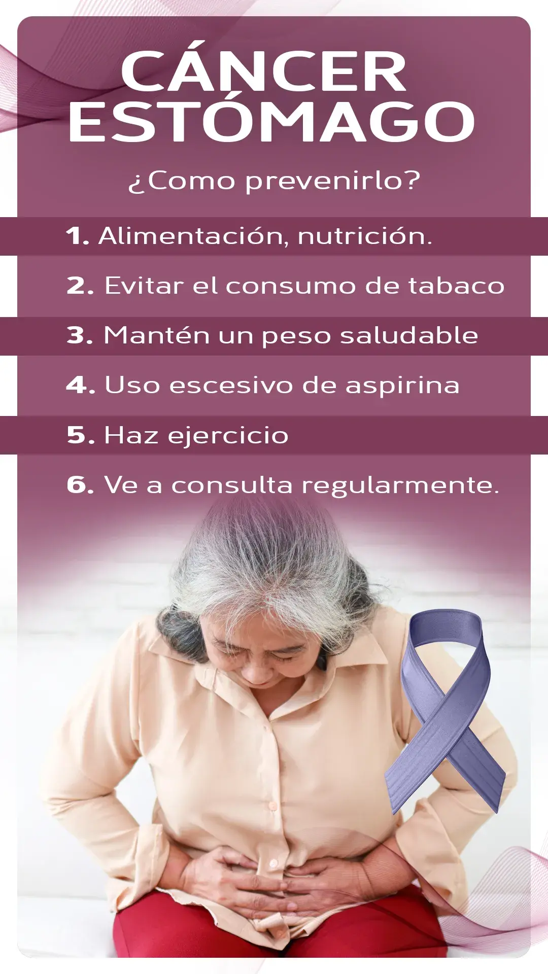 prevención del cáncer de estómago Prevención del cáncer de estómago (alimentación, no consumir tabaco, peso saludable, no uso de aspirina, ejercicio, consulta regular)