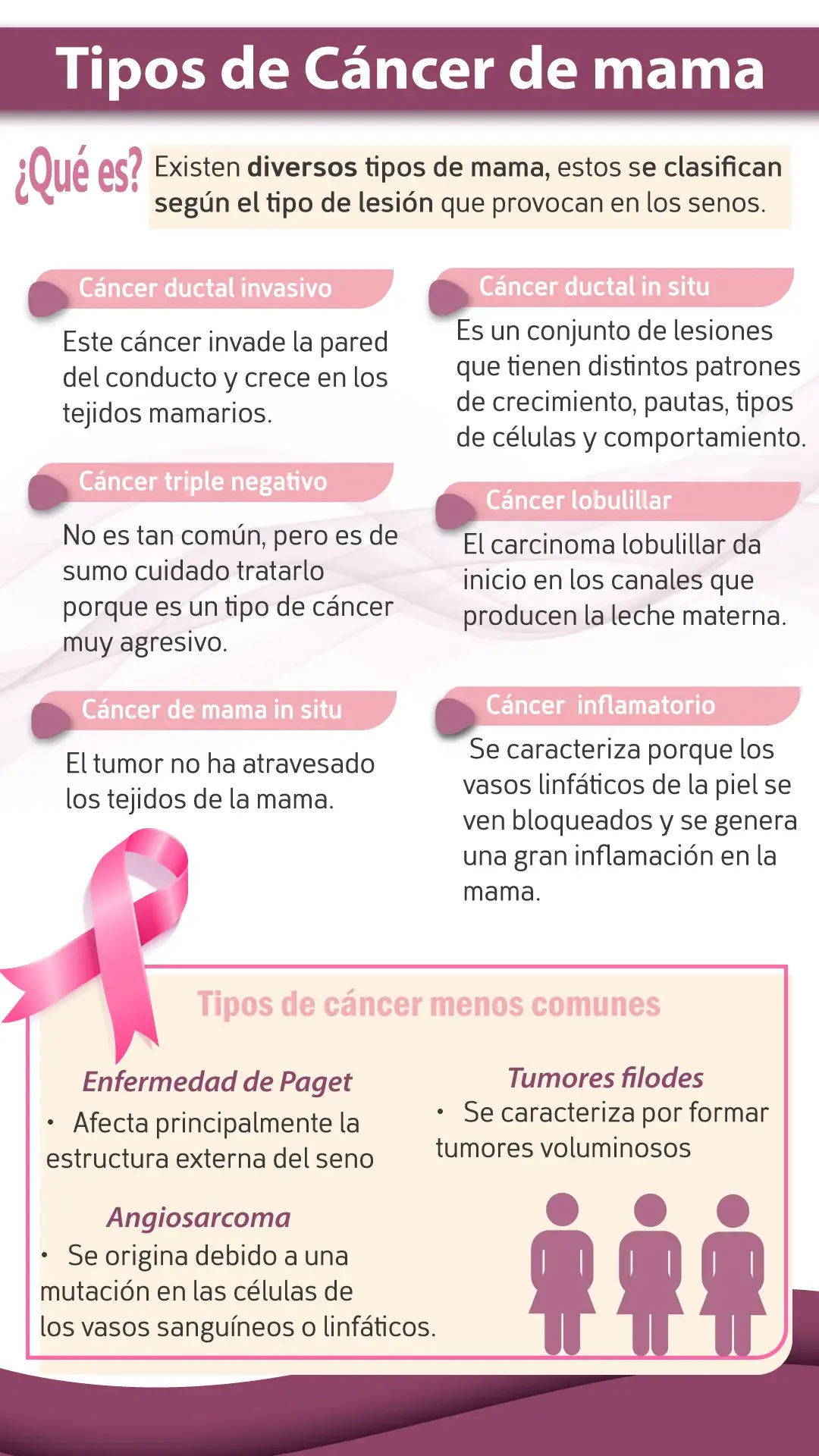 Diversidad de cáncer de mama Diversidad de lesiones de cáncer de mama ( cáncer ductal invasivo, ductal in situ, triple negativo, lobulillar, in situ, inflamatorio, enfermedad de Paget, angiosarcoma, tumores filodes)